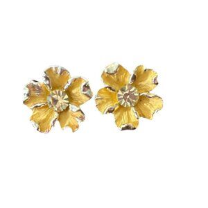 Vintage Flower Screw-Back Earrings Gold Tone Yellow Clear Stones 1950’s